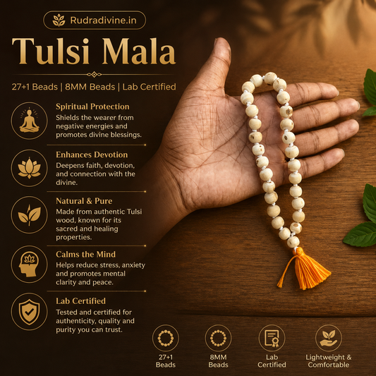 Tulsi Mala 27+1 Beads crafted with natural 8MM Tulsi wood beads and official Lab Certificate by Rudradivine for prayer, meditation and daily spiritual devotion.