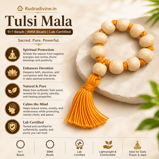 Tulsi Mala 9+1 Beads with natural 8MM Tulsi wood beads and official Lab Certificate by Rudradivine for daily prayer, meditation and spiritual devotion.