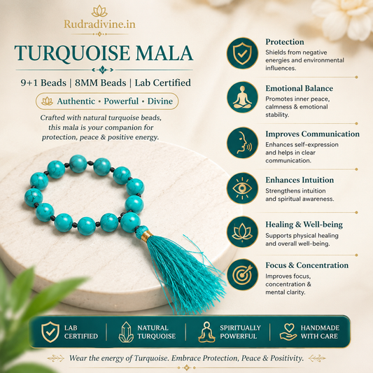 Turquoise Mala 9+1 Beads crafted with natural 8MM Turquoise (Firoza) gemstones and official Lab Certificate by Rudradivine for protection, meditation and spiritual wellness.