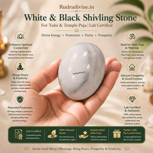 White & Black Shivling Stone crafted from natural stone with official Lab Certificate by Rudradivine for Tulsi, temple puja, daily Shiva worship and sacred rituals.
