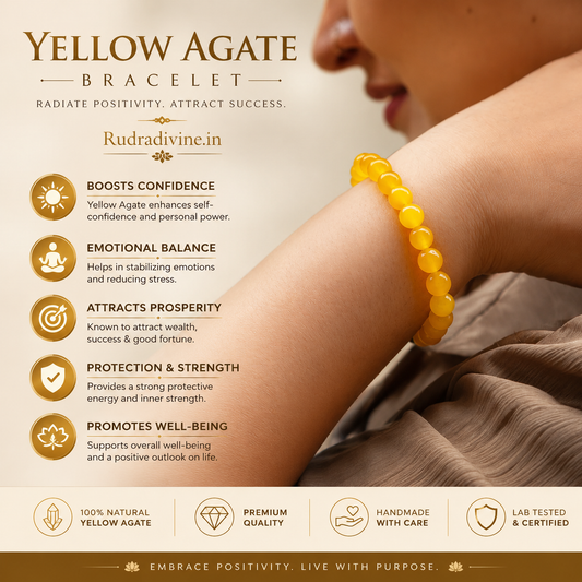Yellow Agate Bracelet 8MM Beads crafted with natural Blue Agate gemstones and official Lab Certificate by Rudra Divine for emotional balance, protection, and spiritual wellness.