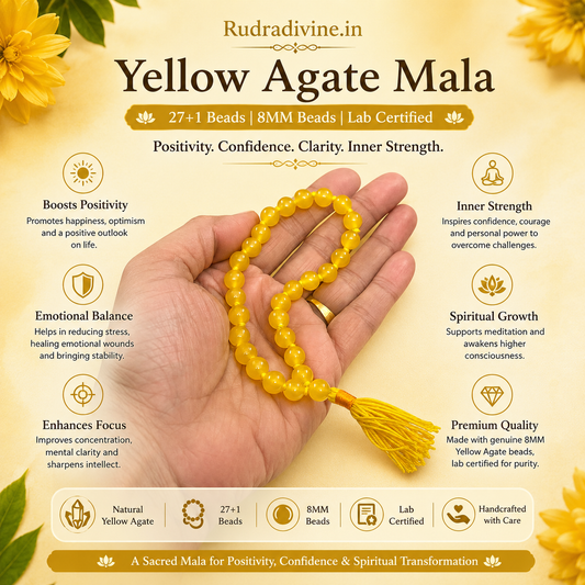 Yellow Agate Mala 27+1 Beads crafted with natural 8MM Pink Agate gemstones and official Lab Certificate by Rudra Divine for meditation, mantra chanting and spiritual wellness.