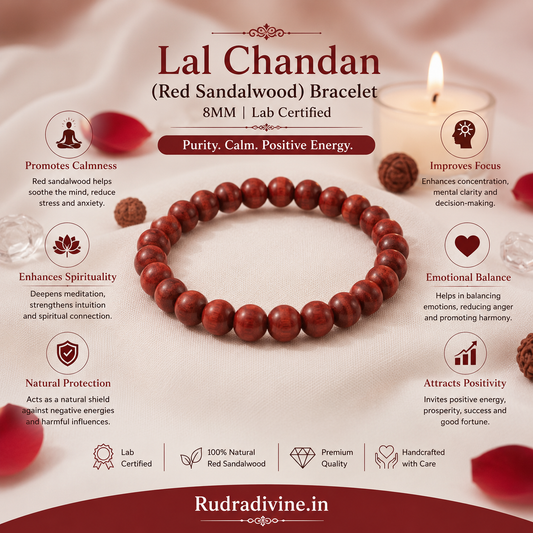 Lal Chandan (Red Sandalwood) Bracelet 8MM crafted with natural Red Sandalwood beads and official Lab Certificate by Rudradivine for meditation, devotion, inner peace, positive energy, and spiritual wellness.
