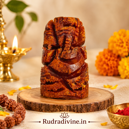 Haldi Ganesh Turmeric Ganesha Idol made with 100% organic haldi by Rudradivine, ideal for pooja, spiritual decor, blessings, prosperity and positive energy.