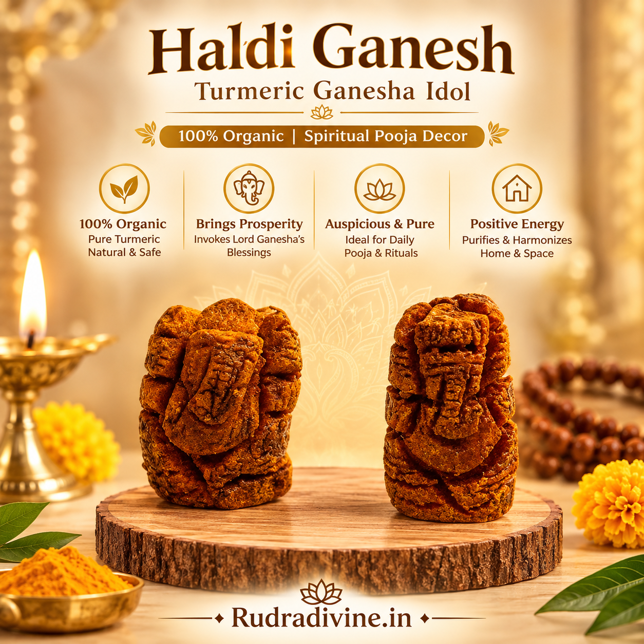 Haldi Ganesh Turmeric Ganesha Idol made with 100% organic haldi by Rudradivine, ideal for pooja, spiritual decor, blessings, prosperity and positive energy.