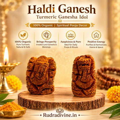 Haldi Ganesh Turmeric Ganesha Idol made with 100% organic haldi by Rudradivine, ideal for pooja, spiritual decor, blessings, prosperity and positive energy.