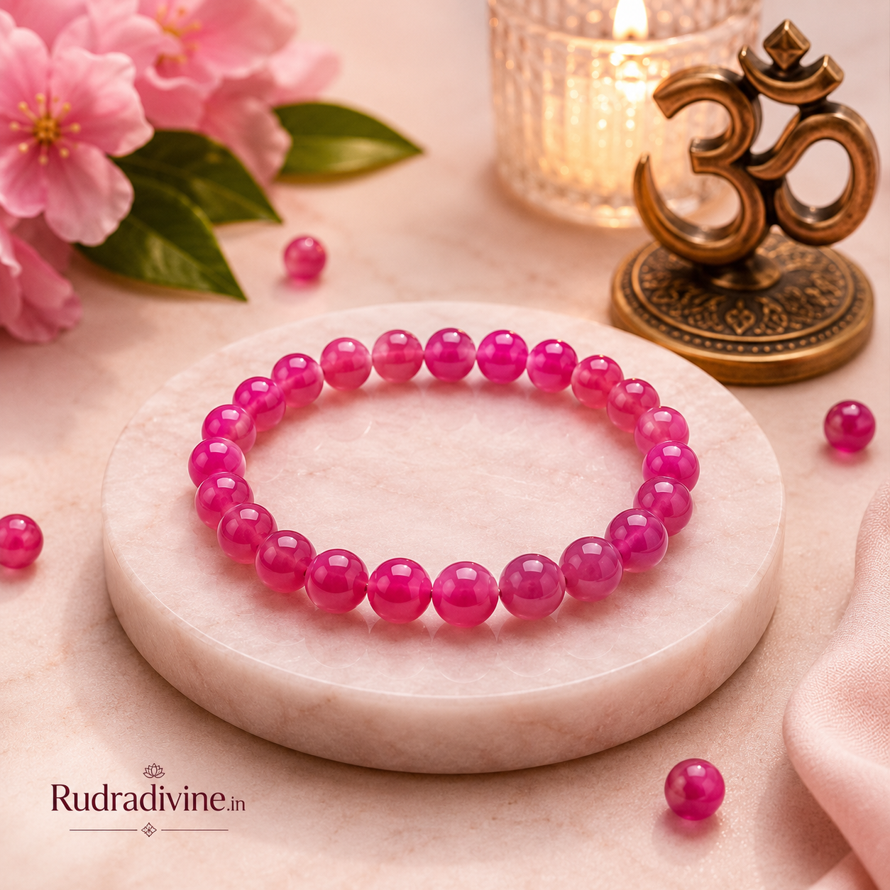 Pink Onyx Bracelet with 8MM natural gemstone beads, 100% original and Lab Certified by Rudradivine, designed for spiritual, meditation and everyday wear.