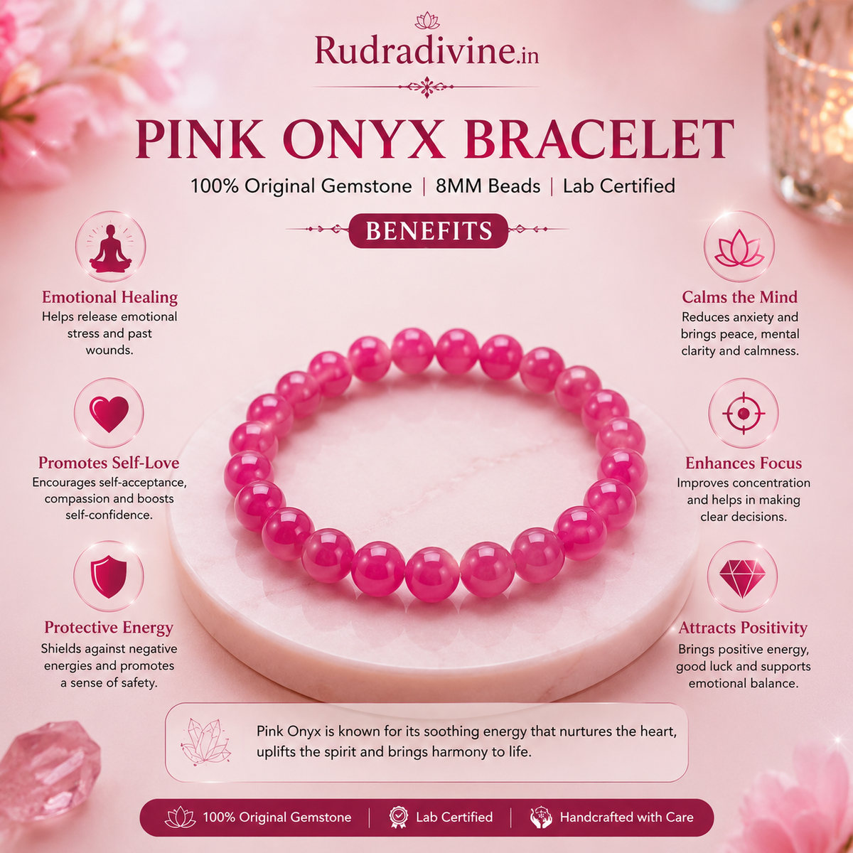 Pink Onyx Bracelet with 8MM natural gemstone beads, 100% original and Lab Certified by Rudradivine, designed for spiritual, meditation and everyday wear.