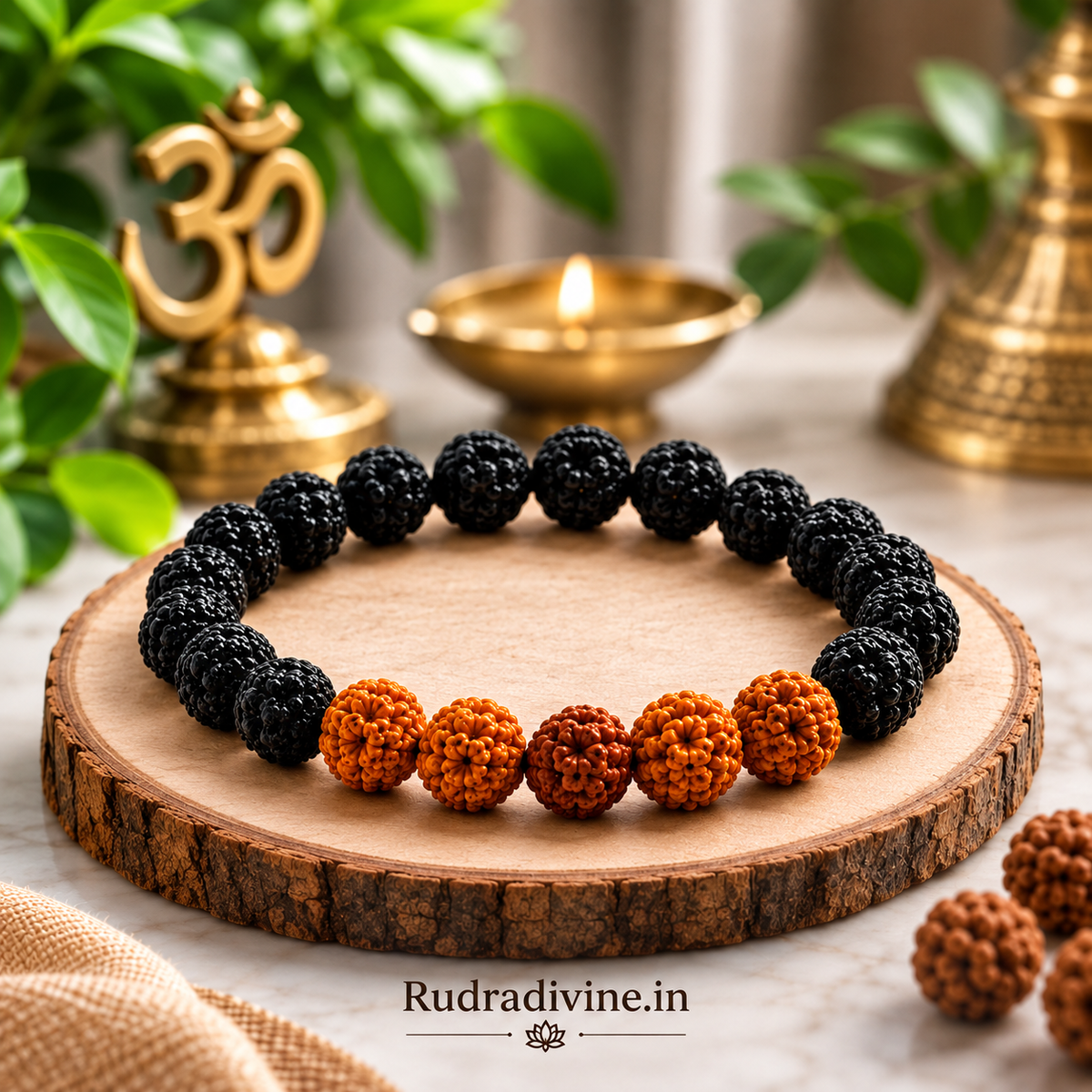 5 Mukhi Rudraksha Bracelet with natural black and brown 8MM beads, lab certified by Rudradivine, traditionally associated with calm, balance, focus and spiritual wellness.