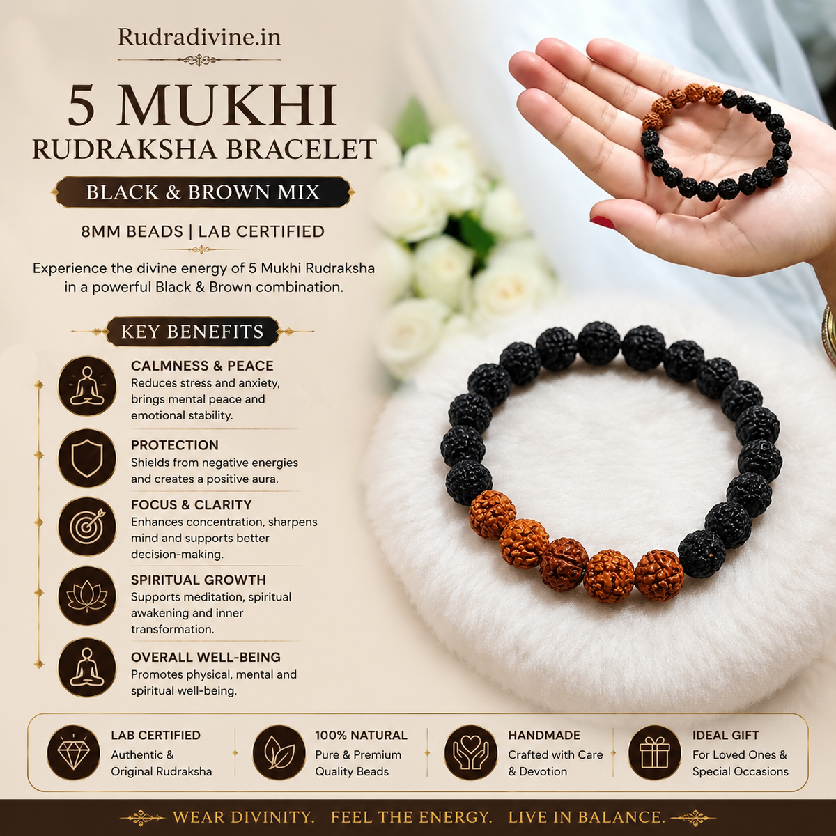 5 Mukhi Rudraksha Bracelet with natural black and brown 8MM beads, lab certified by Rudradivine, traditionally associated with calm, balance, focus and spiritual wellness.