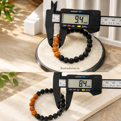 5 Mukhi Rudraksha Bracelet with natural black and brown 8MM beads, lab certified by Rudradivine, traditionally associated with calm, balance, focus and spiritual wellness.