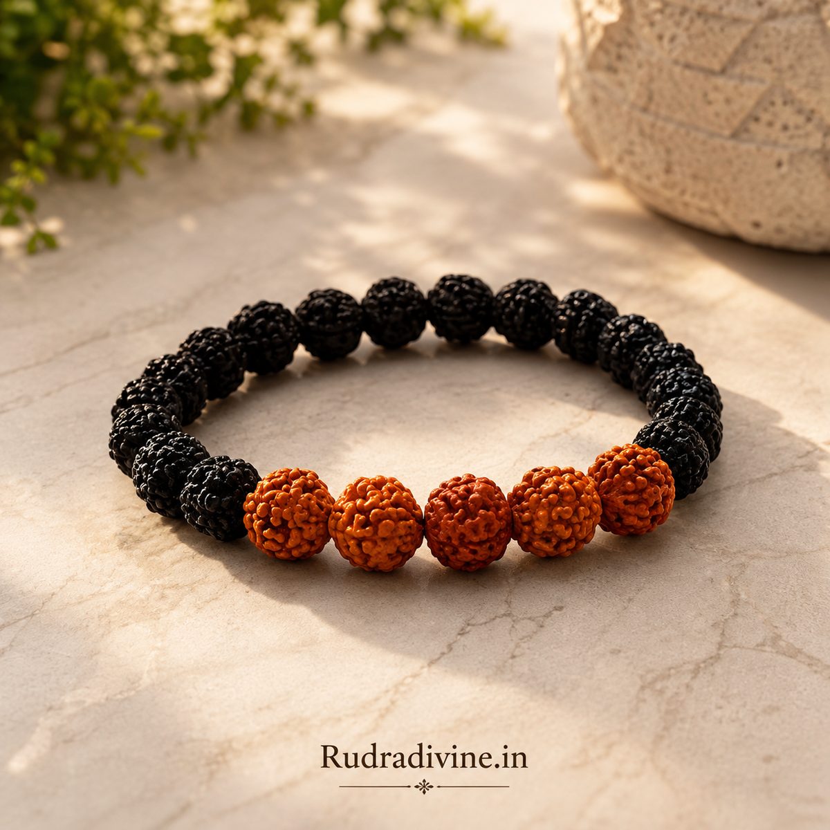 5 Mukhi Rudraksha Bracelet with natural black and brown 8MM beads, lab certified by Rudradivine, traditionally associated with calm, balance, focus and spiritual wellness.