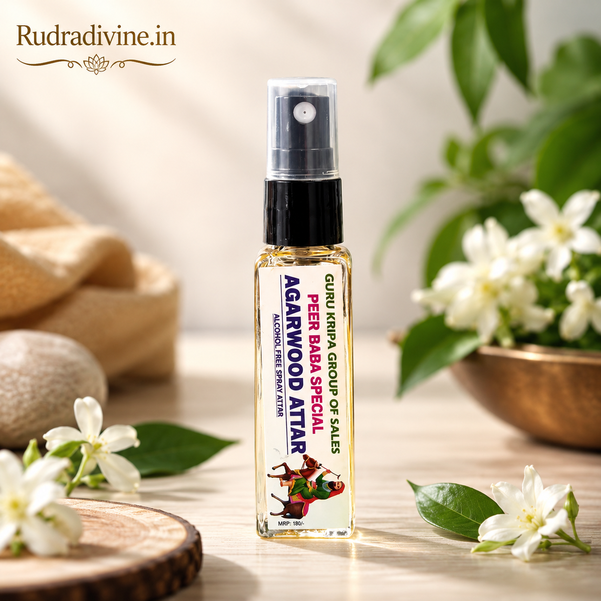 Agarwood Spray Attar 25ML Peer Baba with alcohol-free long-lasting woody fragrance by Rudradivine, suitable for puja, meditation, prayer, spiritual spaces & gifting.
