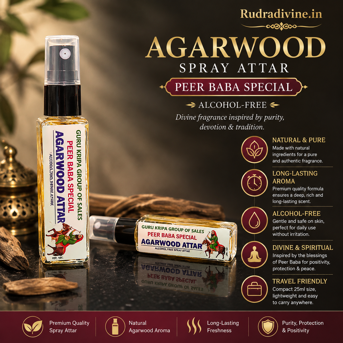 Agarwood Spray Attar 25ML Peer Baba with alcohol-free long-lasting woody fragrance by Rudradivine, suitable for puja, meditation, prayer, spiritual spaces & gifting.