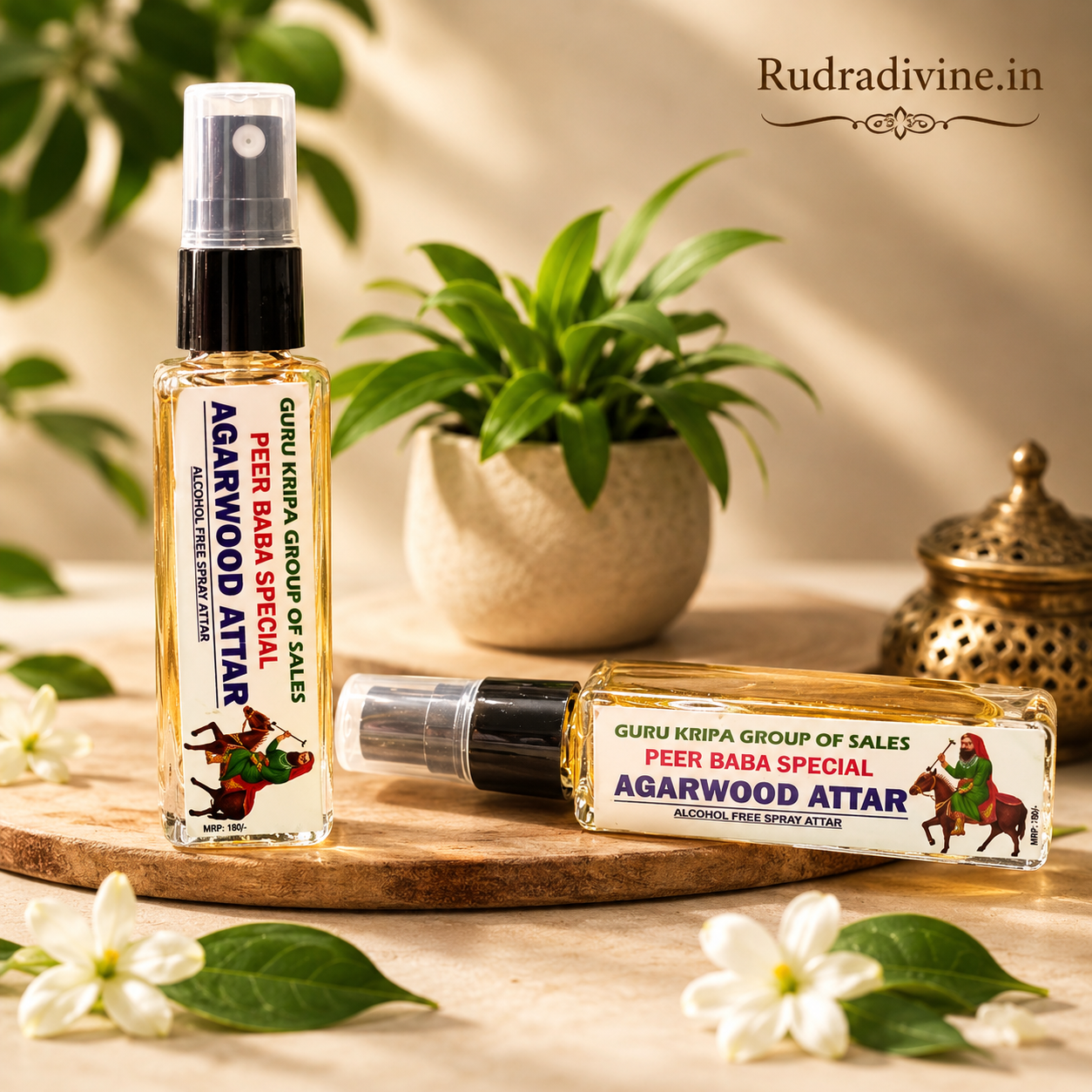 Agarwood Spray Attar 25ML Peer Baba with alcohol-free long-lasting woody fragrance by Rudradivine, suitable for puja, meditation, prayer, spiritual spaces & gifting.