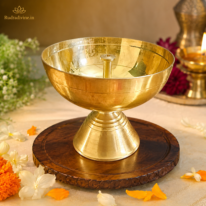 Akhand Jyot Brass Diya 250GM by Rudradivine, traditional brass oil lamp for daily puja, temple worship, aarti and home spiritual practices.