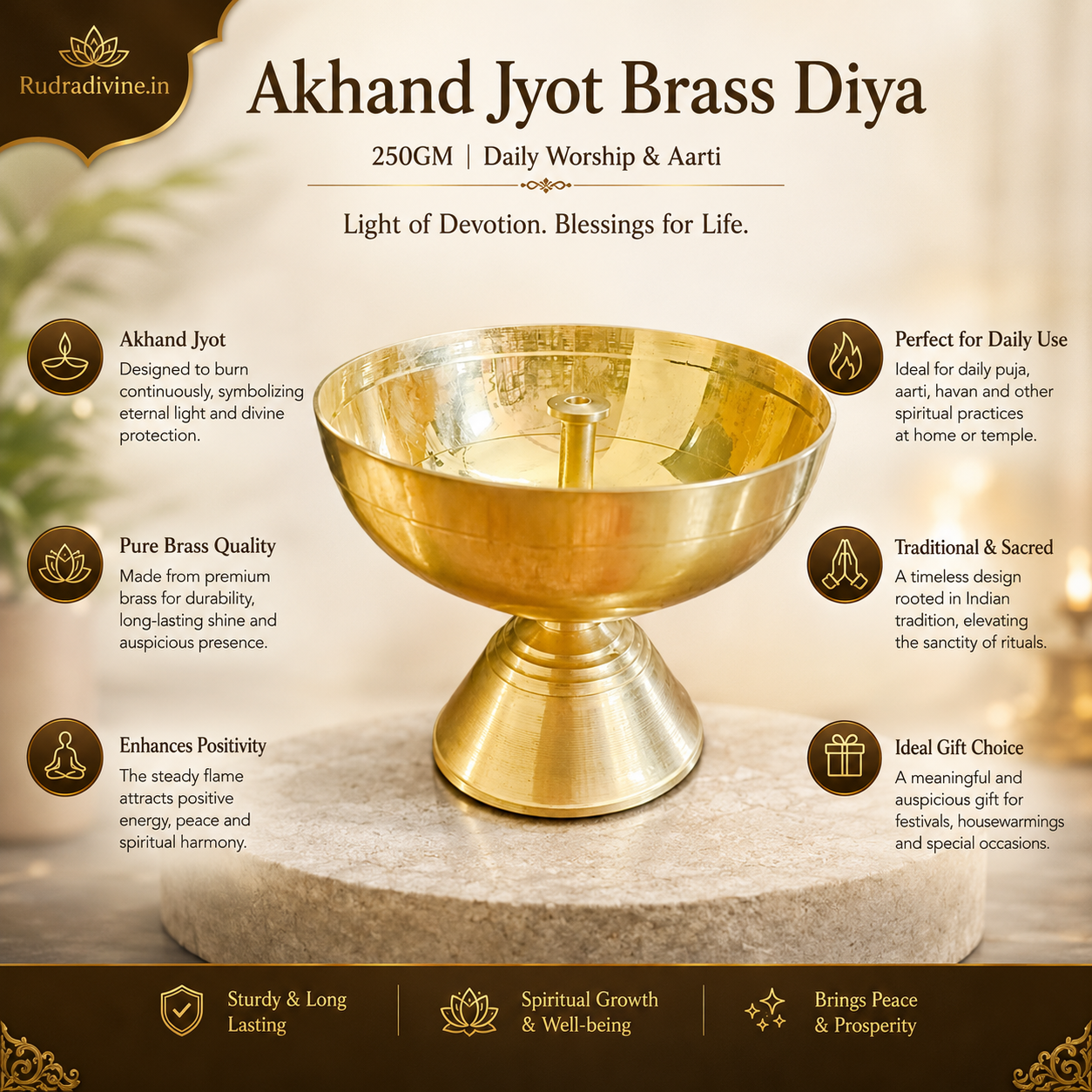 Akhand Jyot Brass Diya 250GM by Rudradivine, traditional brass oil lamp for daily puja, temple worship, aarti and home spiritual practices.