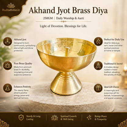 Akhand Jyot Brass Diya 250GM by Rudradivine, traditional brass oil lamp for daily puja, temple worship, aarti and home spiritual practices.
