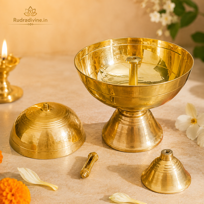 Akhand Jyot Brass Diya 250GM by Rudradivine, traditional brass oil lamp for daily puja, temple worship, aarti and home spiritual practices.