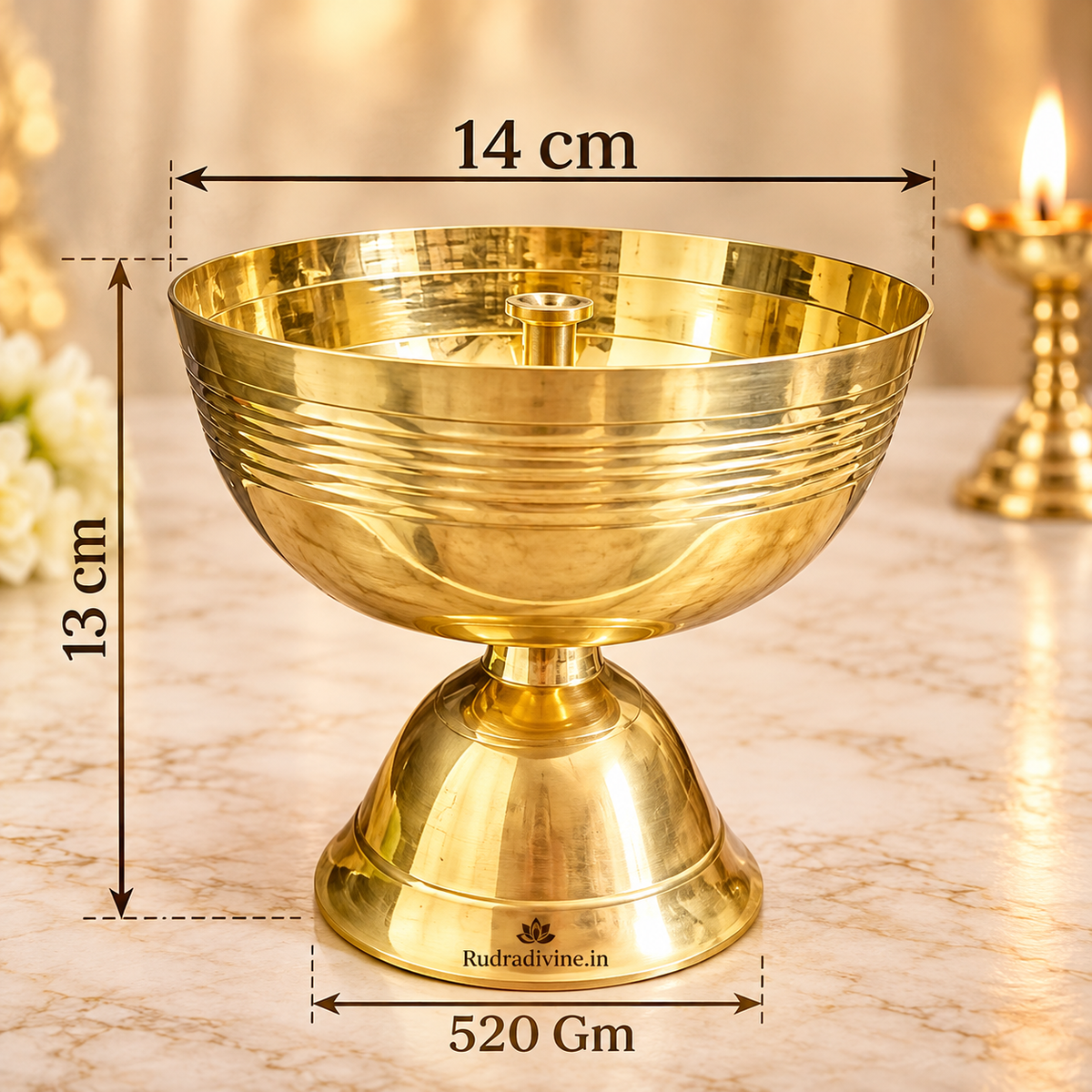 Akhand Jyot Brass Diya weighing 520GM for puja, temple worship, daily prayer and aarti, featuring a traditional brass design by Rudradivine.