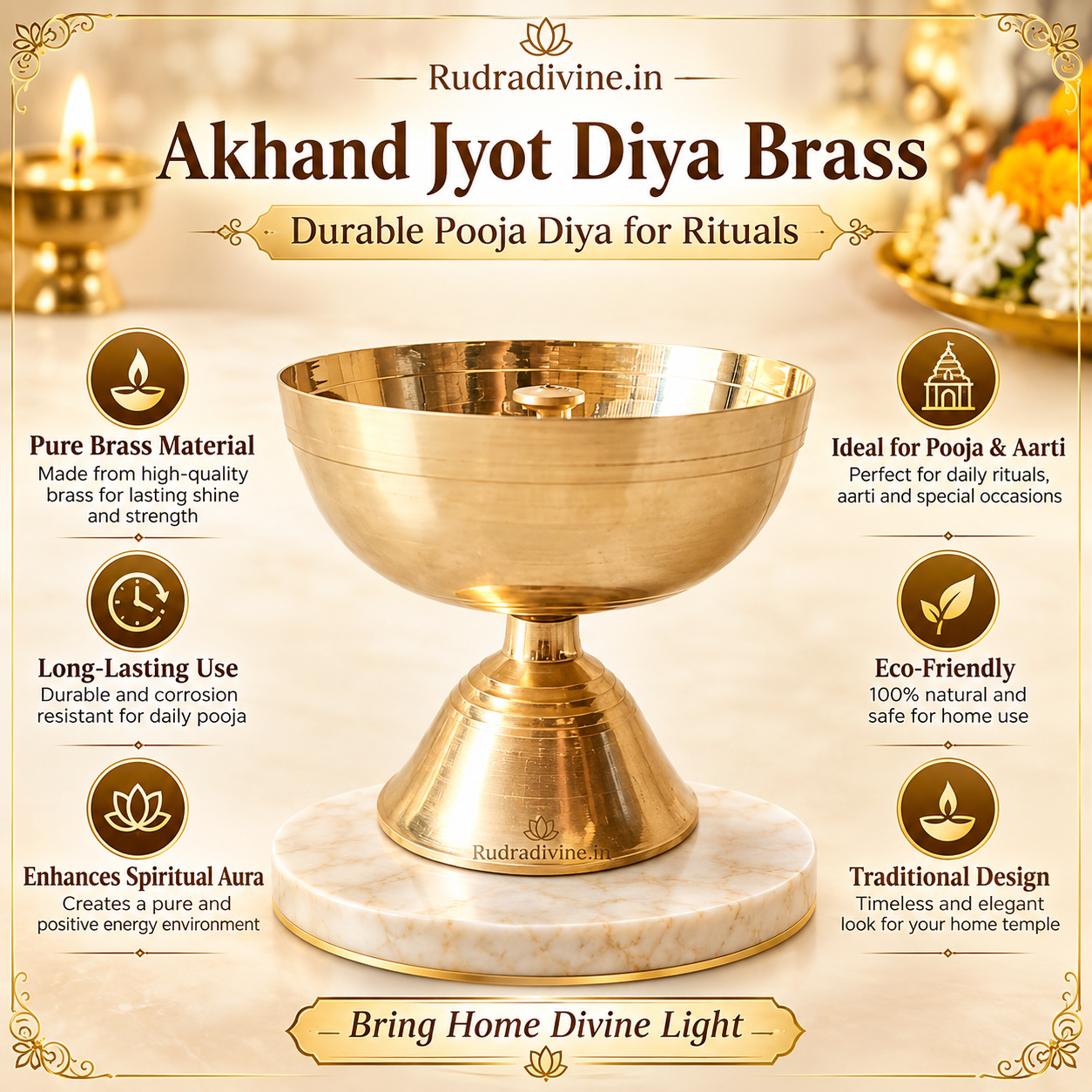 Akhand Jyot Diya made from durable brass, designed for traditional pooja, Mandir rituals, daily prayer, festivals and spiritual practices by Rudradivine.