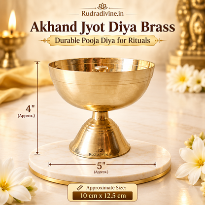 Akhand Jyot Diya made from durable brass, designed for traditional pooja, Mandir rituals, daily prayer, festivals and spiritual practices by Rudradivine.