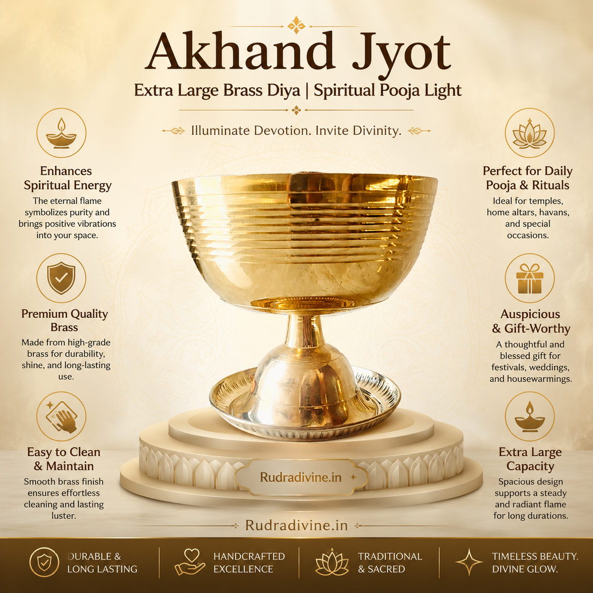 Akhand Jyot Extra Large Brass Diya crafted in traditional brass for daily puja, aarti and spiritual worship by Rudradivine.