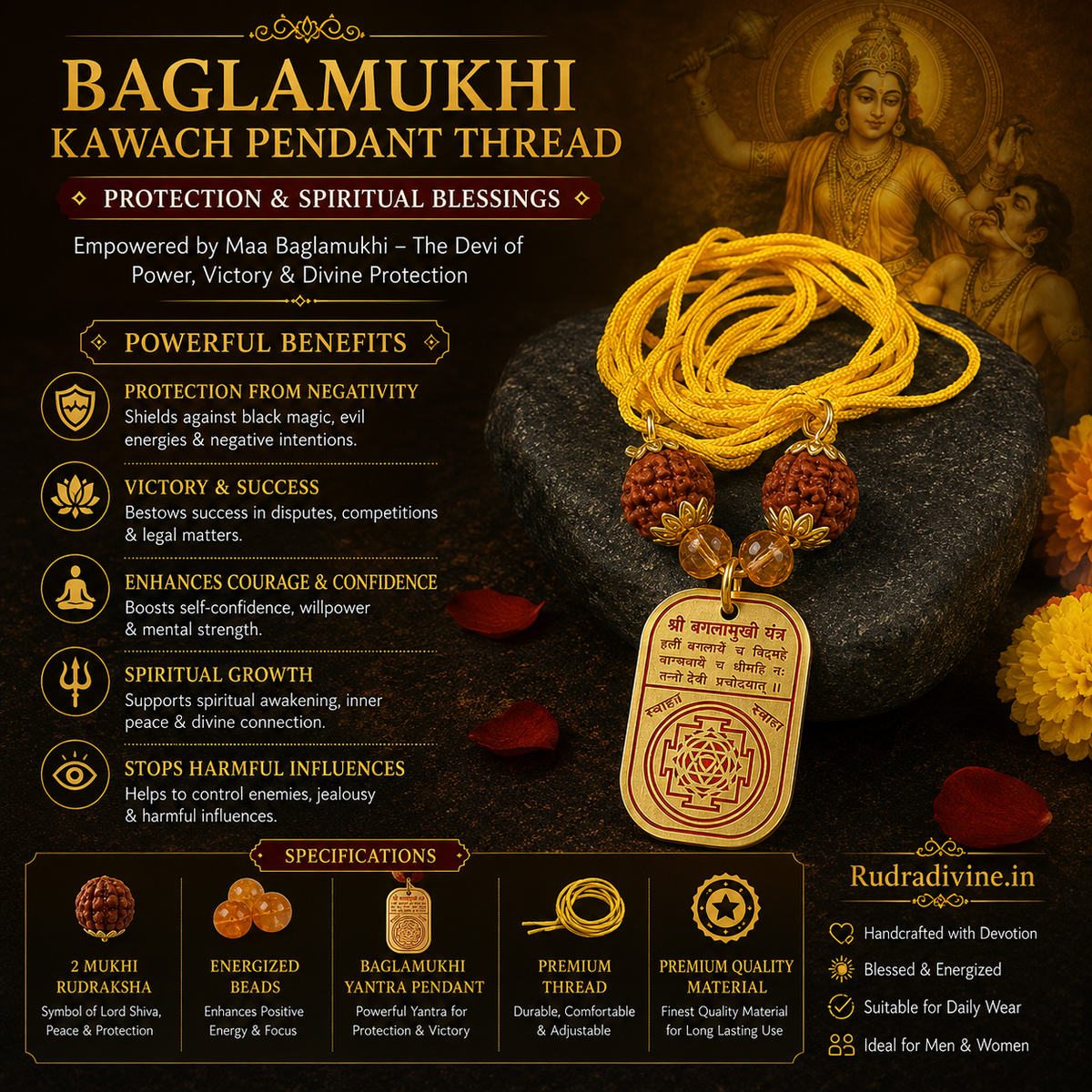 Baglamukhi Kawach Pendant Thread by Rudradivine, traditionally associated with spiritual protection, Maa Baglamukhi blessings, devotion and meditation.