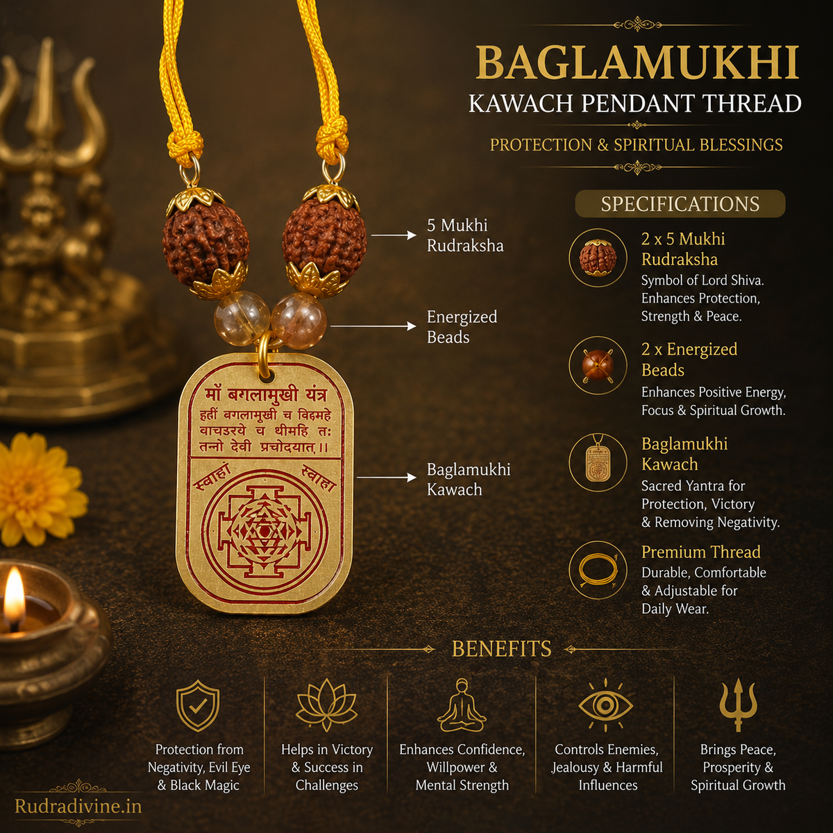 Baglamukhi Kawach Pendant Thread by Rudradivine, traditionally associated with spiritual protection, Maa Baglamukhi blessings, devotion and meditation.