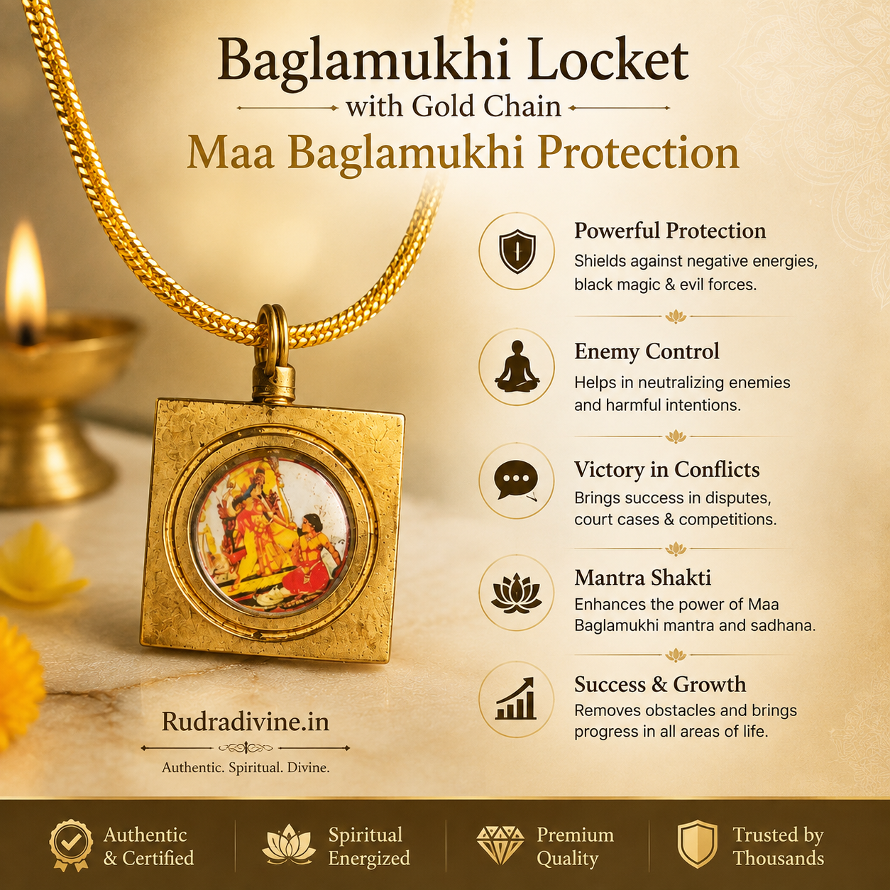 Baglamukhi Locket with Gold Chain featuring Maa Baglamukhi design for spiritual protection, devotion and positive energy by Rudradivine.