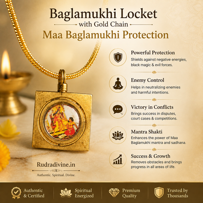 Baglamukhi Locket with Gold Chain featuring Maa Baglamukhi design for spiritual protection, devotion and positive energy by Rudradivine.