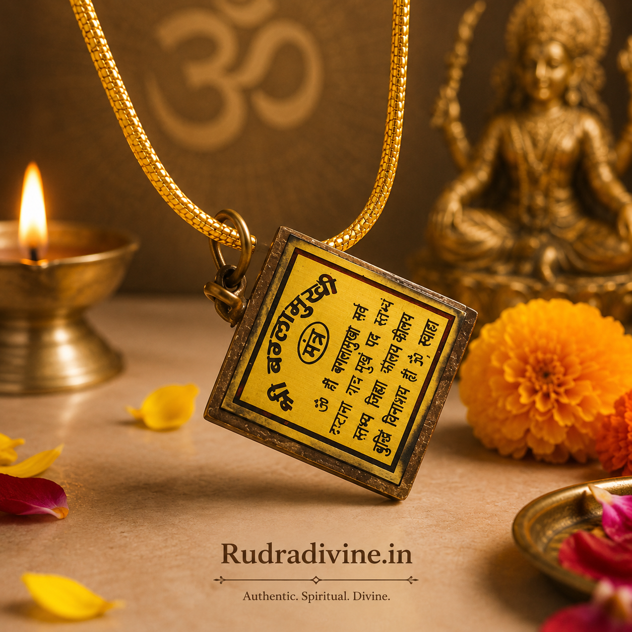 Baglamukhi Locket with Gold Chain featuring Maa Baglamukhi design for spiritual protection, devotion and positive energy by Rudradivine.