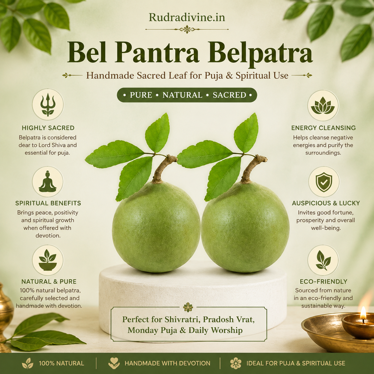 Bel Patra Belpatra handmade sacred leaf by Rudradivine for Lord Shiva Puja, Abhishek, Hindu rituals, devotional offerings, temple worship, and spiritual use.