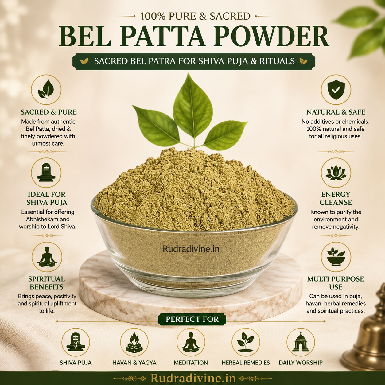 Bel Patta Powder 100GM made from sacred Bel Patra leaves for Lord Shiva Puja, Abhishek, Hindu rituals, devotional offerings, and home worship by Rudradivine.