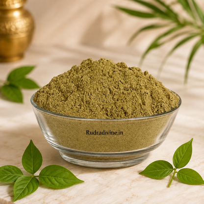 Bel Patta Powder 100GM made from sacred Bel Patra leaves for Lord Shiva Puja, Abhishek, Hindu rituals, devotional offerings, and home worship by Rudradivine.
