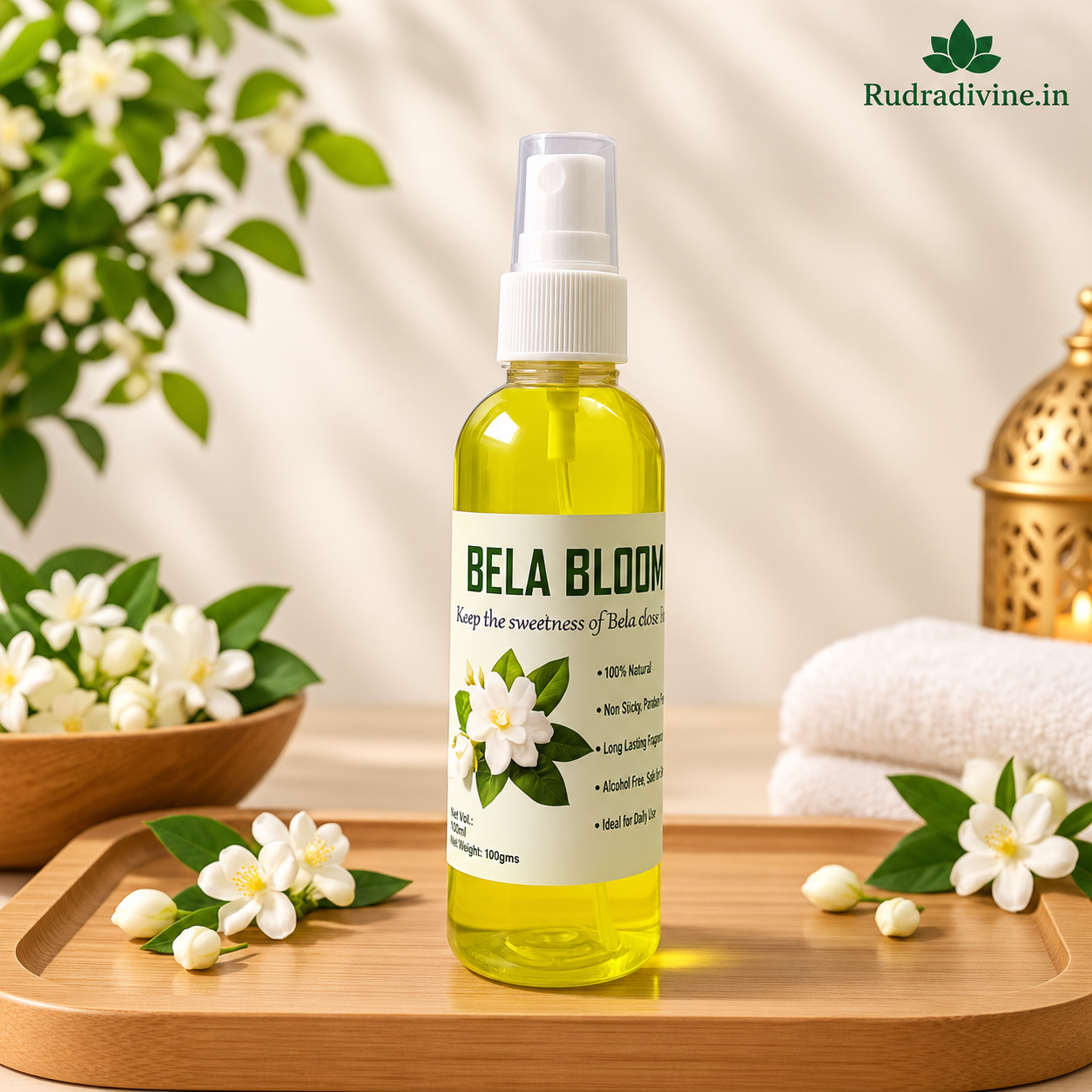 Bela Bloom Spray Attar 100ml with pure floral aroma by Rudradivine, alcohol-free long-lasting spray attar for puja, meditation, prayer, home use & daily fragrance.