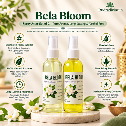 Bela Bloom Spray Attar 100ml with pure floral aroma by Rudradivine, alcohol-free long-lasting spray attar for puja, meditation, prayer, home use & daily fragrance.