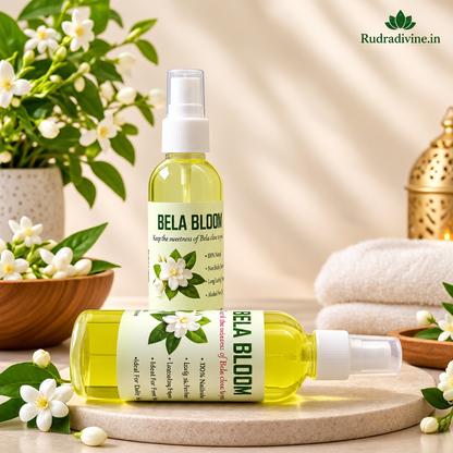 Bela Bloom Spray Attar 100ml with pure floral aroma by Rudradivine, alcohol-free long-lasting spray attar for puja, meditation, prayer, home use & daily fragrance.