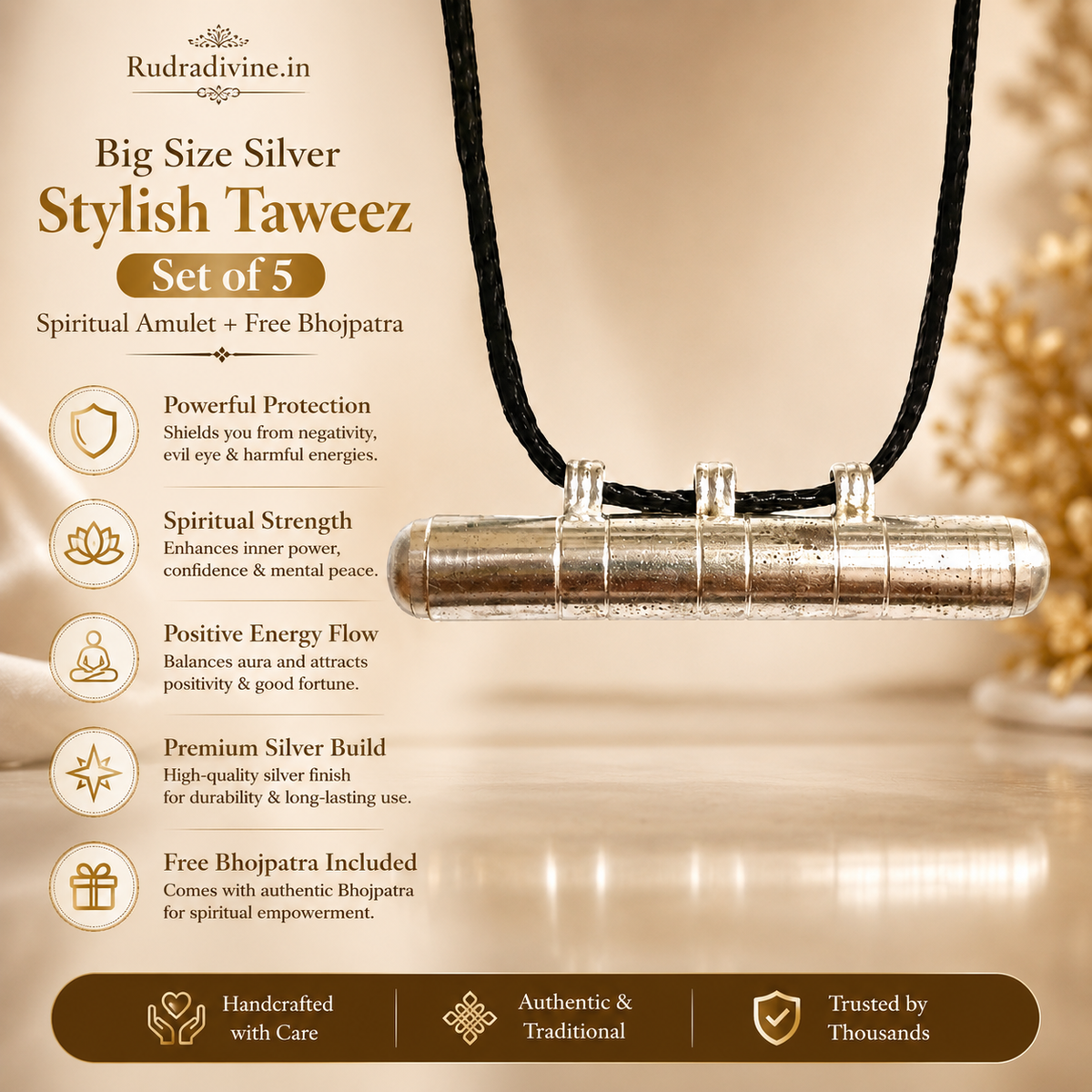 Big Size Silver Stylish Taweez Set of 5 with Free Bhojpatra Sheet, traditional spiritual amulets by Rudradivine for puja, devotion and everyday spiritual use.