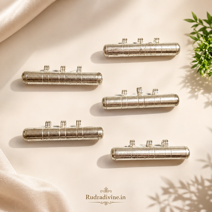 Big Size Silver Stylish Taweez Set of 5 with Free Bhojpatra Sheet, traditional spiritual amulets by Rudradivine for puja, devotion and everyday spiritual use.