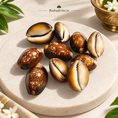 Black Cowry Shell Set of 10 by Rudradivine for Puja & Rituals, traditionally associated with spiritual protection, prosperity, devotion, and positivity.