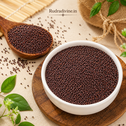 Black Mustard Seeds Kaali Sarso, pure and natural whole mustard seeds by Rudradivine for Puja, Hindu rituals, traditional remedies, and spiritual practices.