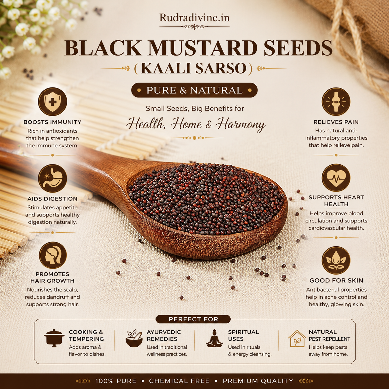 Black Mustard Seeds Kaali Sarso, pure and natural whole mustard seeds by Rudradivine for Puja, Hindu rituals, traditional remedies, and spiritual practices.