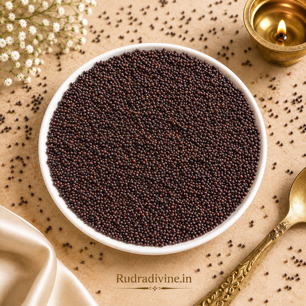Black Mustard Seeds Kaali Sarso, pure and natural whole mustard seeds by Rudradivine for Puja, Hindu rituals, traditional remedies, and spiritual practices.