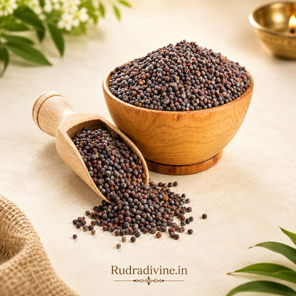 Black Mustard Seeds Kaali Sarso, pure and natural whole mustard seeds by Rudradivine for Puja, Hindu rituals, traditional remedies, and spiritual practices.