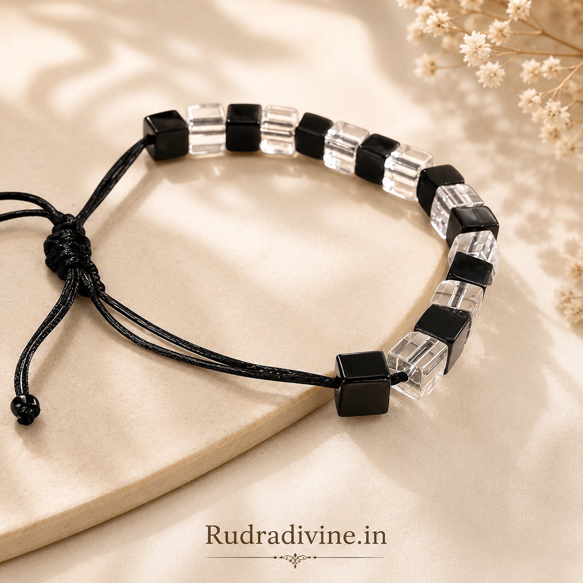 Black & White Crystal Bracelet  lab certification by Rudradivine, designed for evil eye protection, positive energy, balance and spiritual wear.
