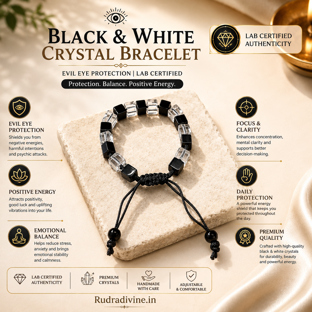 Black & White Crystal Bracelet  lab certification by Rudradivine, designed for evil eye protection, positive energy, balance and spiritual wear.
