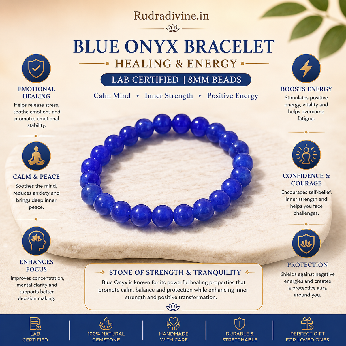 Blue Onyx Bracelet 8MM beads with official Lab Certificate by Rudradivine, traditionally associated with healing, positive energy, grounding and emotional balance.