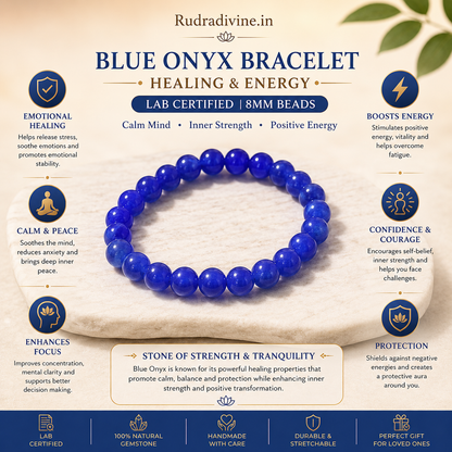 Blue Onyx Bracelet 8MM beads with official Lab Certificate by Rudradivine, traditionally associated with healing, positive energy, grounding and emotional balance.