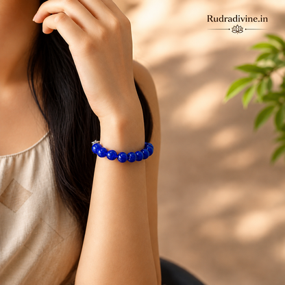 Blue Onyx Bracelet 8MM beads with official Lab Certificate by Rudradivine, traditionally associated with healing, positive energy, grounding and emotional balance.